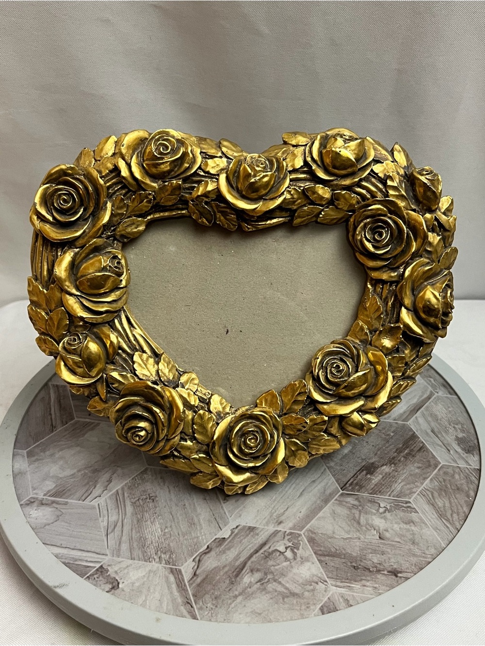 Gold Rose Heart Shaped Picture Frame Ornate Floral Romantic Tabletop Decor